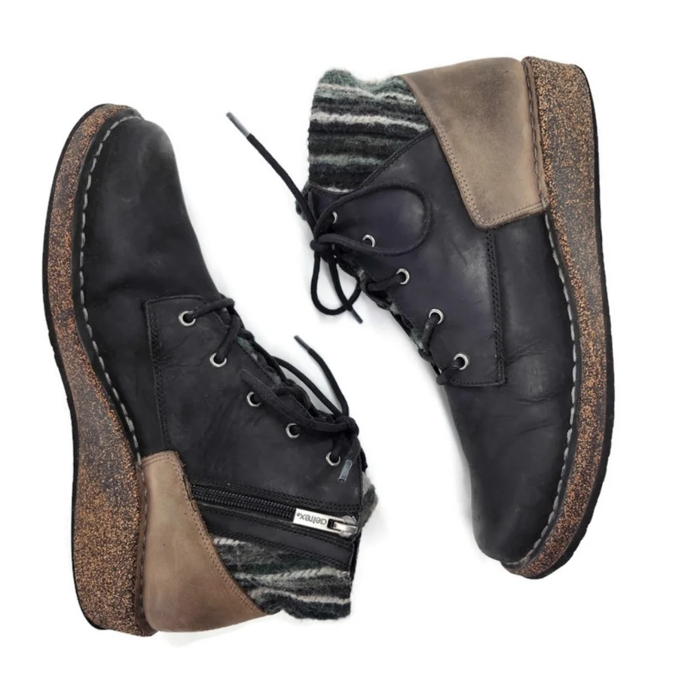 Aetrex Jolie Black Leather Black & Grey Sweater Lace-Up Round-Toe Ankle Boots